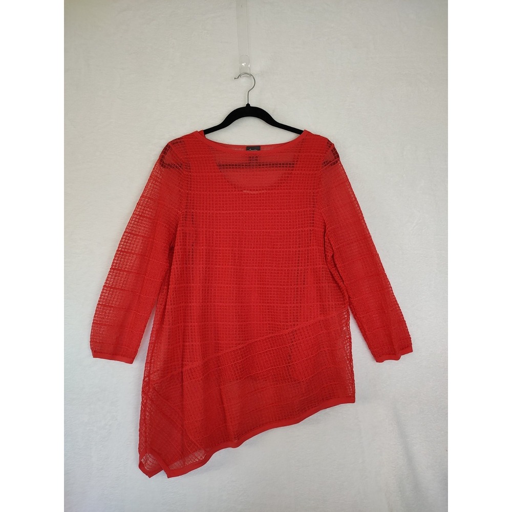 Chicos Travelers Collection Red Orange Mesh Asymmetrical Tunic 3/4 Sleeve Sz 2 L